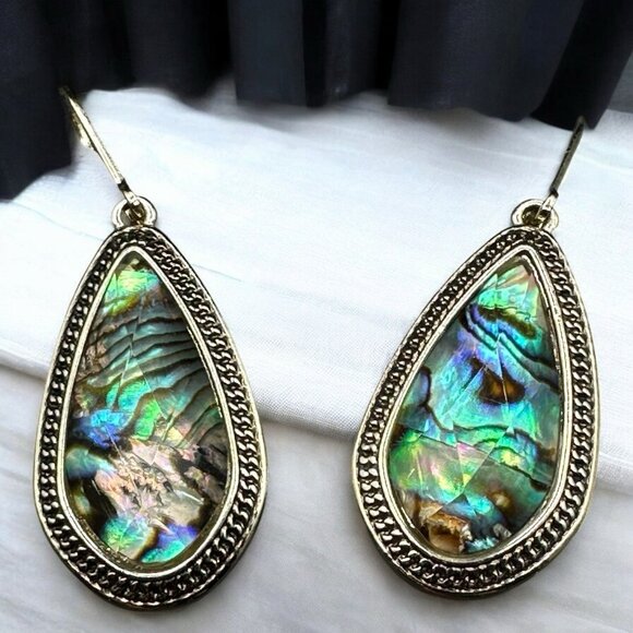 NAPIER Dangling Gold Tone Faux Abalone Leverback Earrings Teardrop Iridescent - Picture 4 of 9